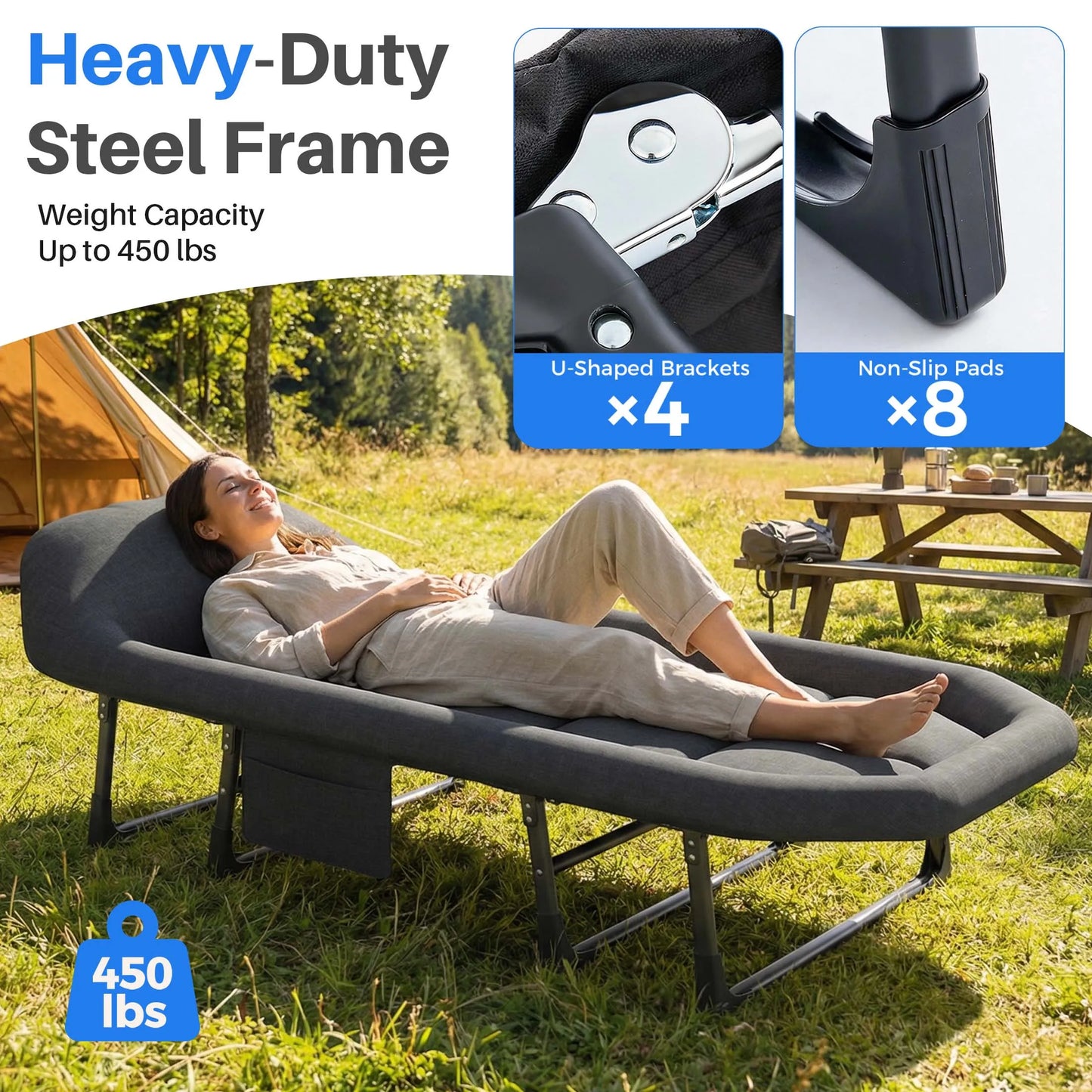 JHK Folding Camping Cot With Mattress, Lightweight 450 Lb Capacity