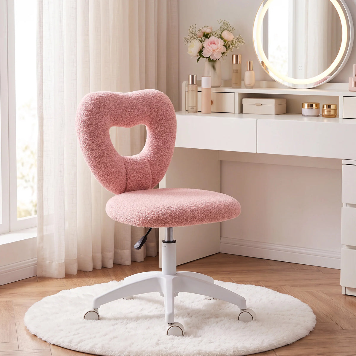 HOMCOM Armless Home Office Cute Desk Chair, Height Adjustable Computer Task Chair, Modern Teddy Fleece Heart Makeup Vanity Chair with Swivel Wheels, Pink