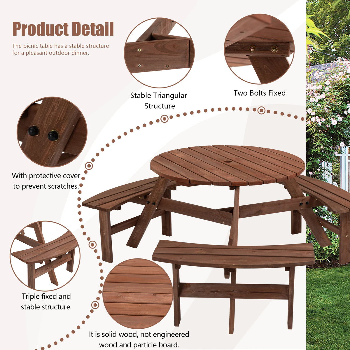Solid Acacia Wood Round Outdoor Picnic Table With Curved Benches