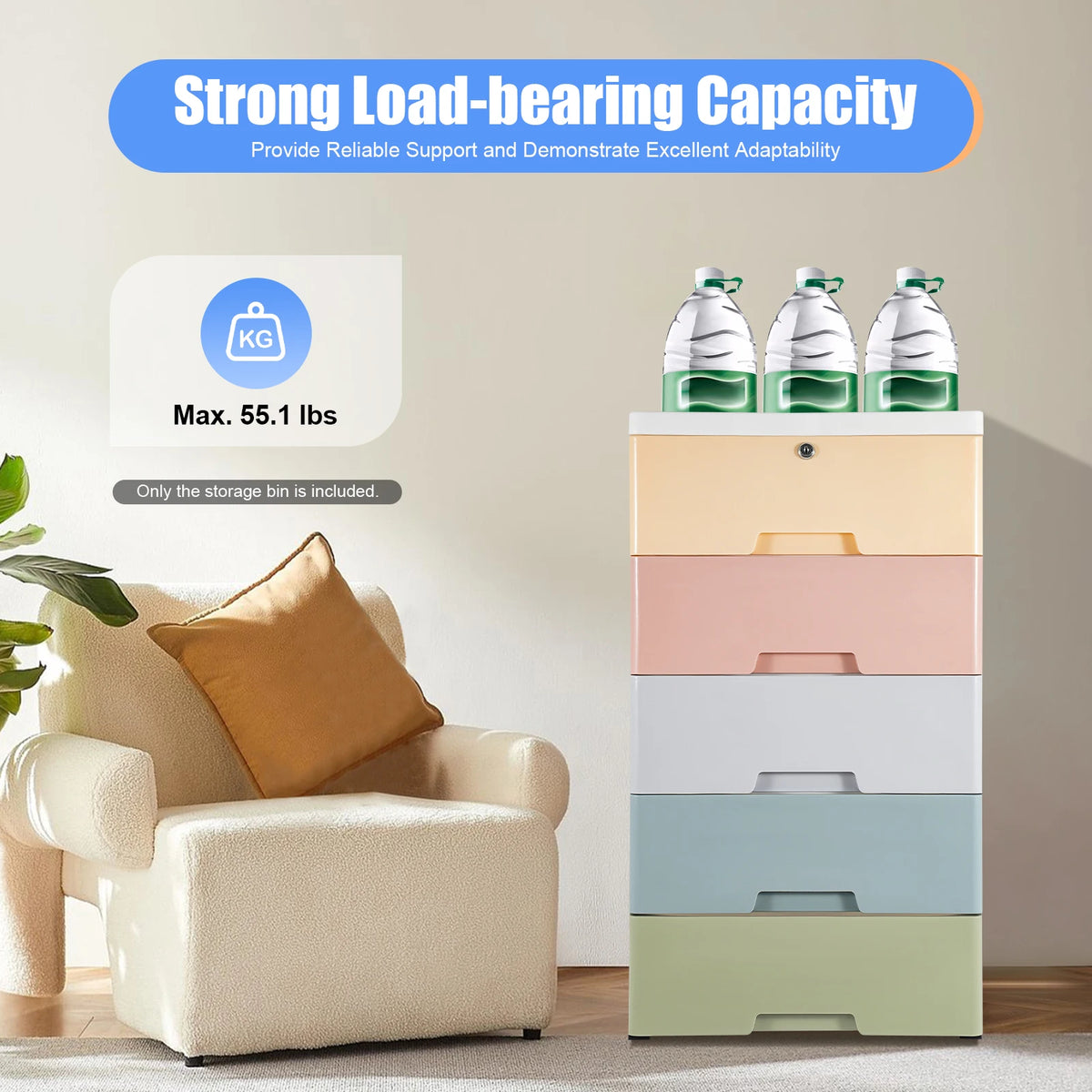 Plastic Drawers Dresser 5 Layer Storage Cabinet Macaron Color Lock Organizer Fully Pull Out Handle Large Capacity Bedroom Living Room Kids Room 43.5x29x80cm