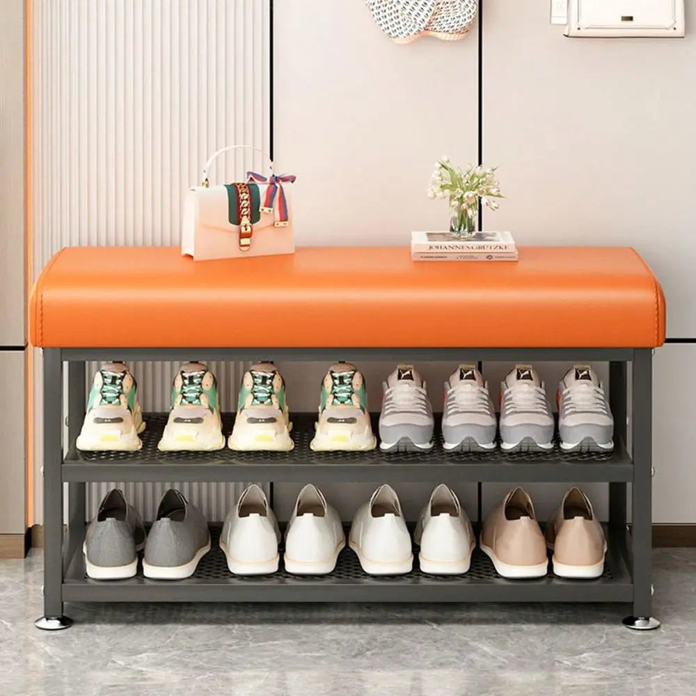 Storage Bench With Cushioned Seat And Metal Frame Shoe Organizer