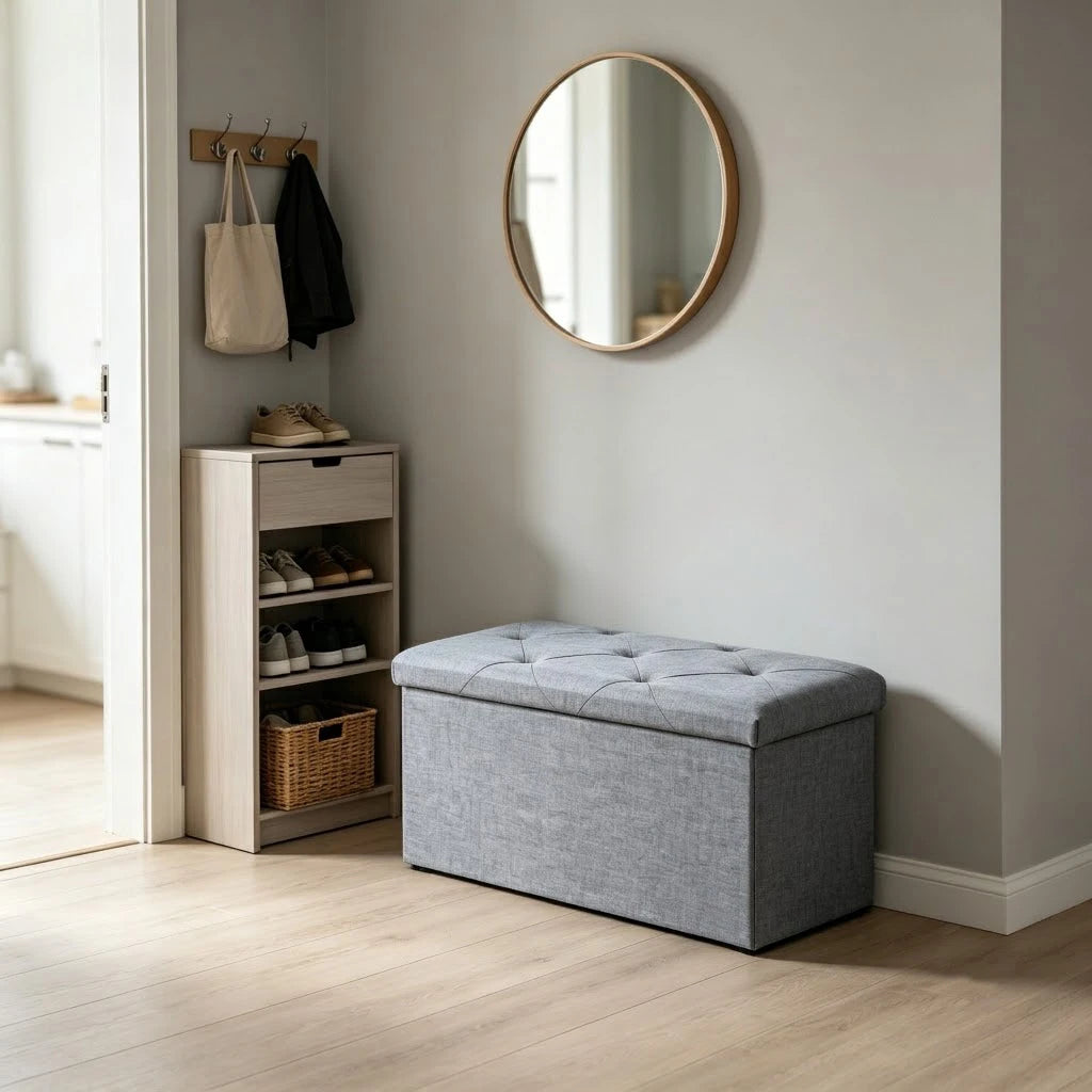 Folding Storage Ottoman Bench Gray Tufted Fabric Footrest