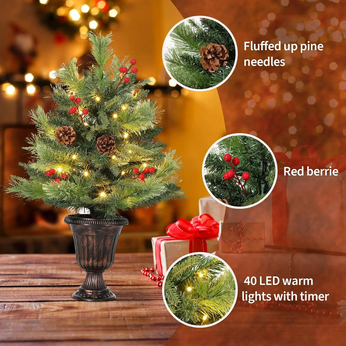 2FT Mini Tabletop Christmas Tree with 40 Warm LED Lights, Pine Cone & Red Berry – Artificial Pre-Lit Xmas Tree for Home Office Indoor Outdoor Decor