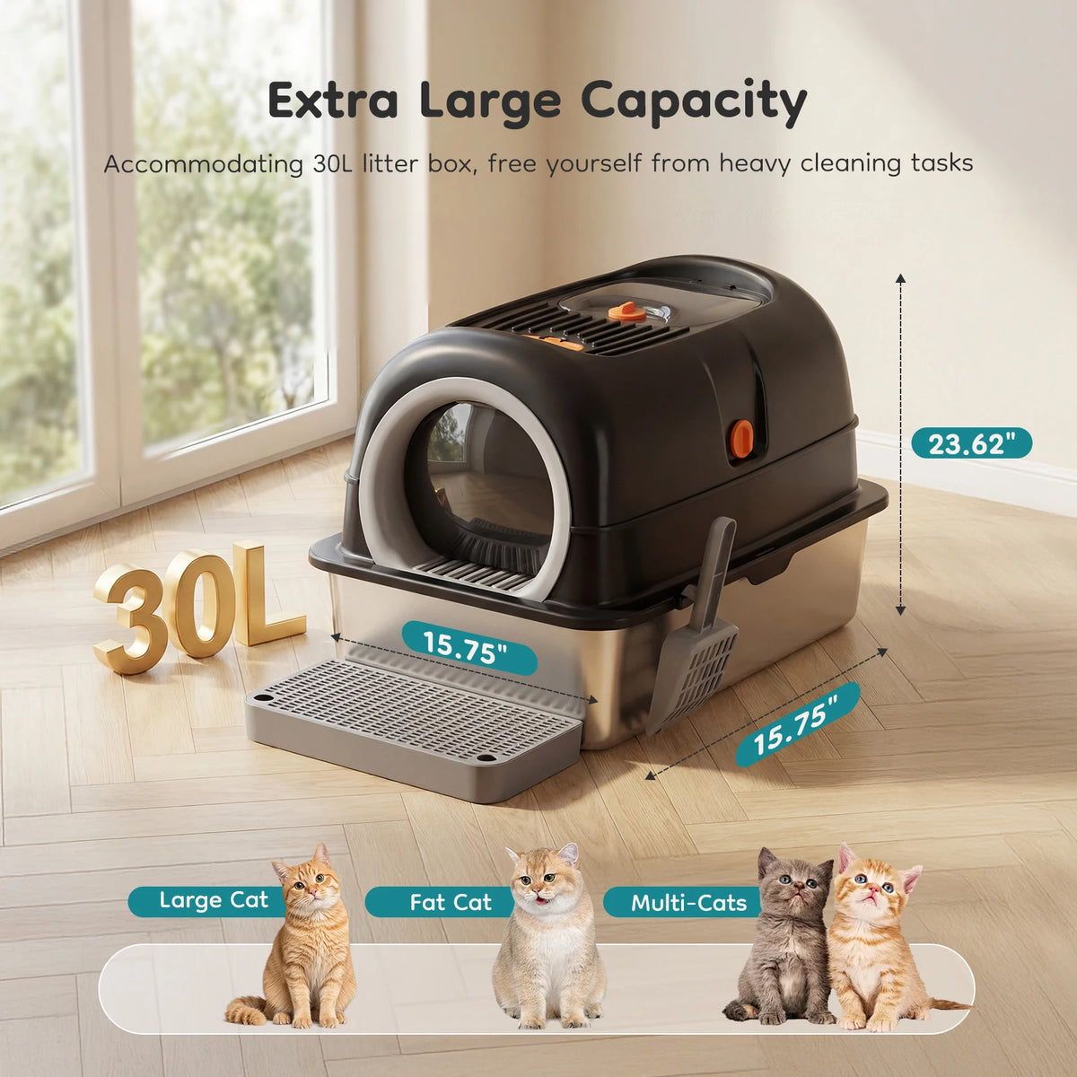 Fully Enclosed Stainless Steel Cat Litter Box With Scoop Included