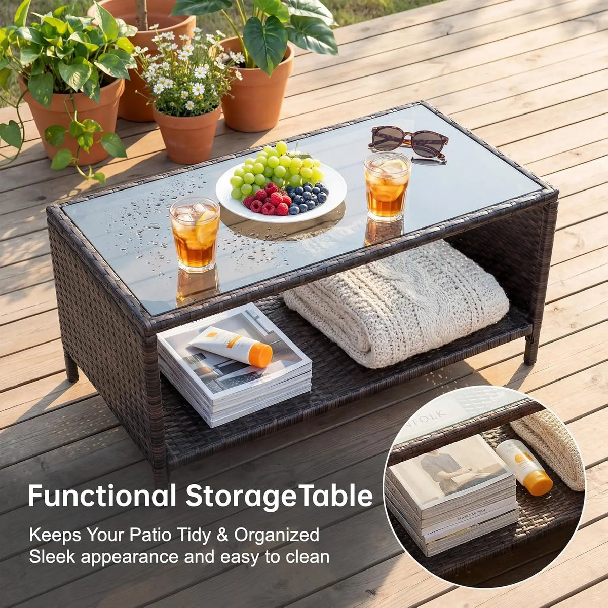 Outdoor PE Rattan Patio Conversation Set With Cushions And Table