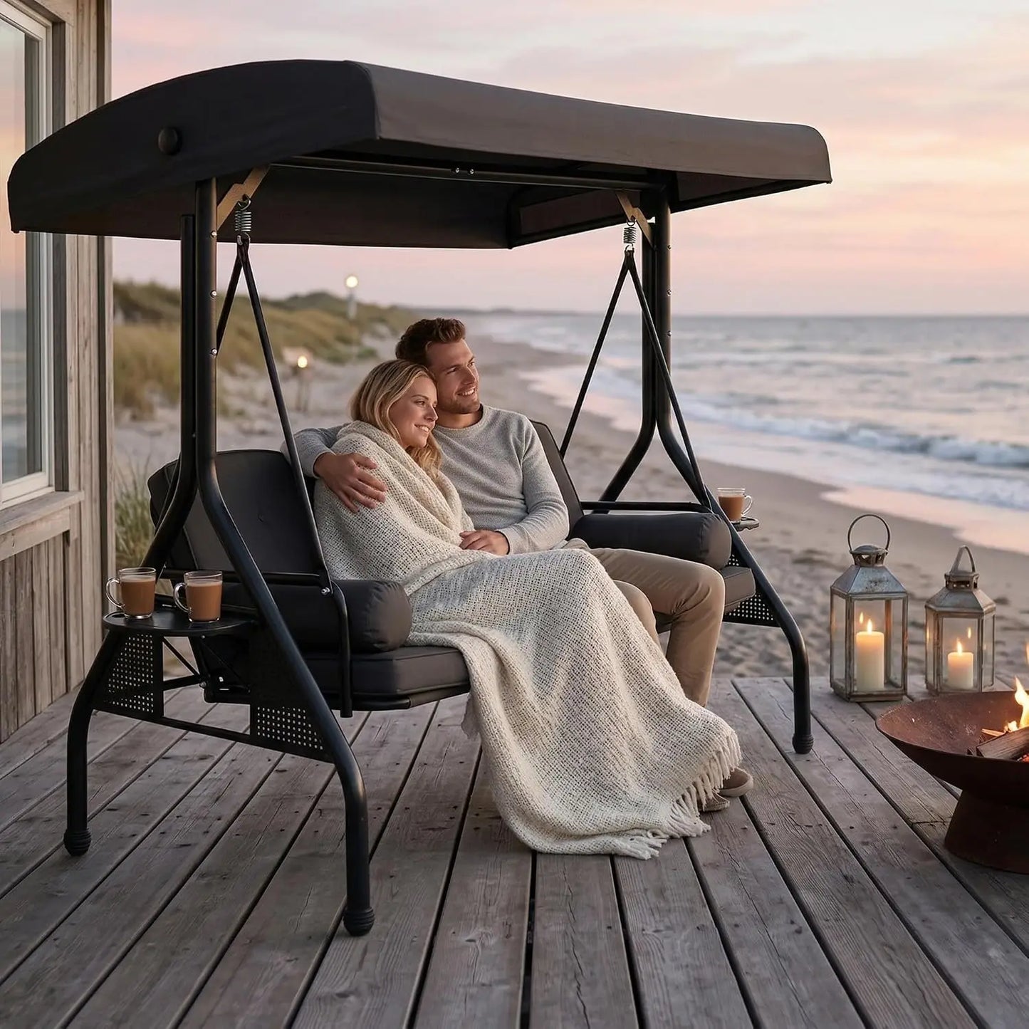 Porch Swing With Stand And Adjustable Canopy For Outdoor Patio