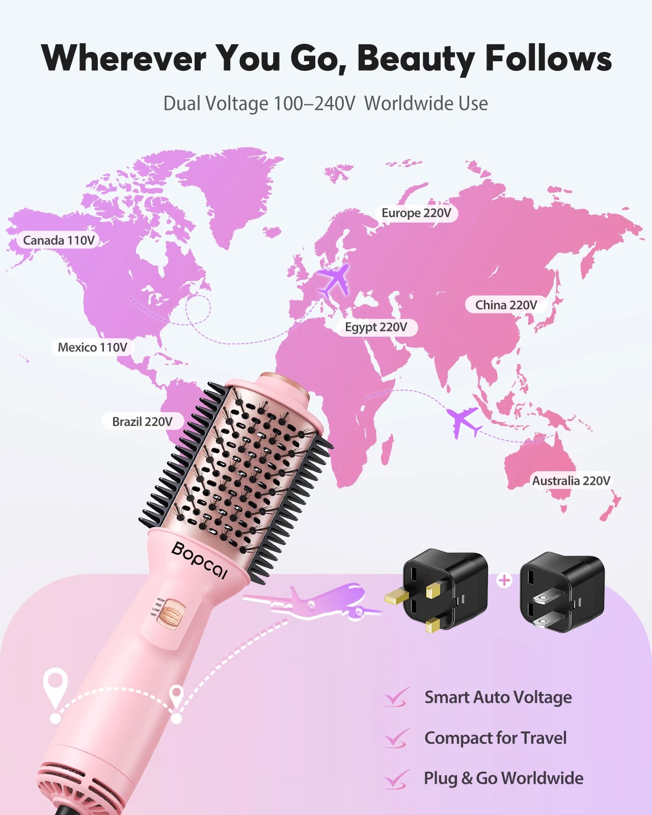 Blow Dryer Brush, Dual Voltage 100-240V Hot Air Brush, 4-in-1 Ionic Hair Dryer Brush for Blowout, Volumizing,Straightening