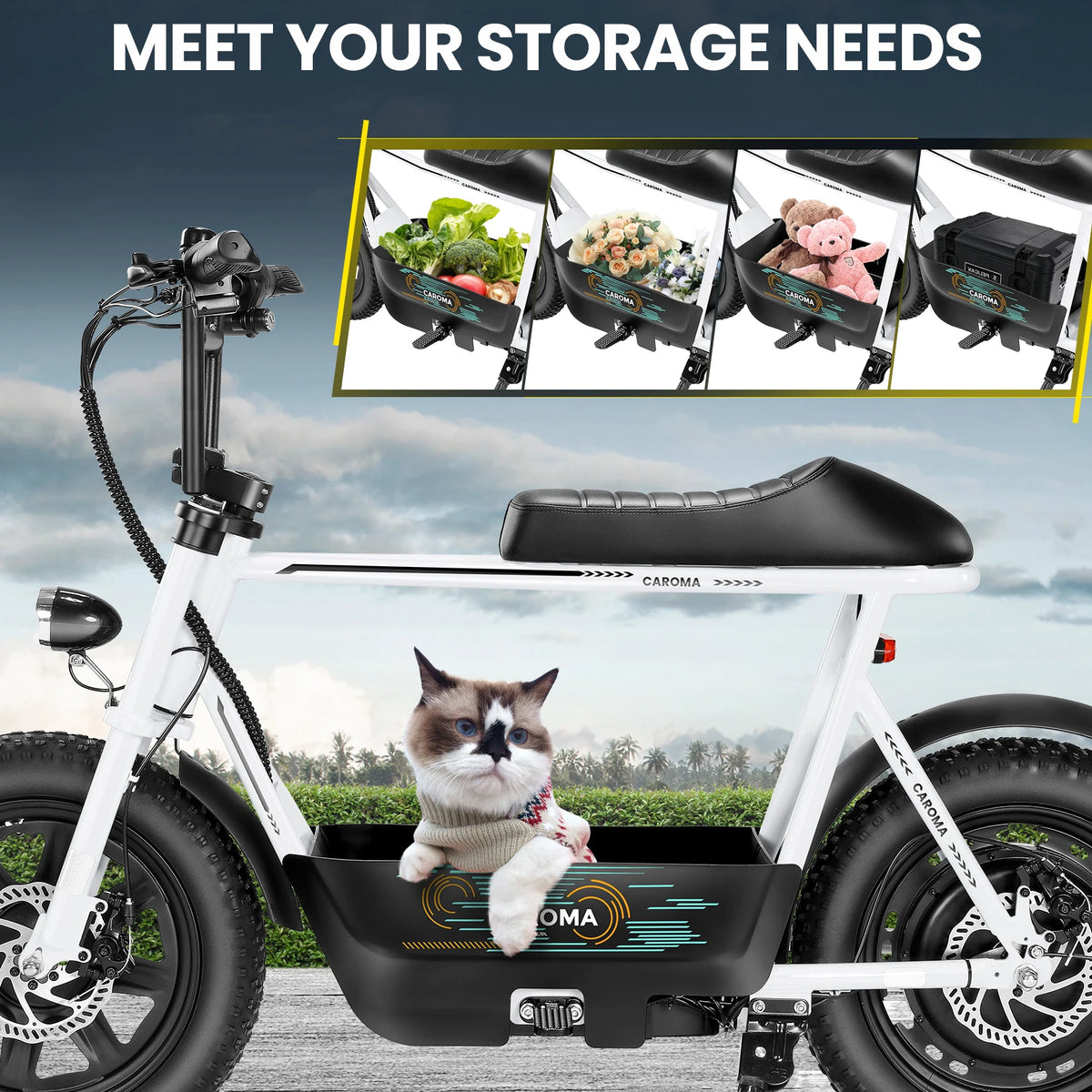 Electric Scooter With Seat, Suspension, Fat Tires And Cargo Basket