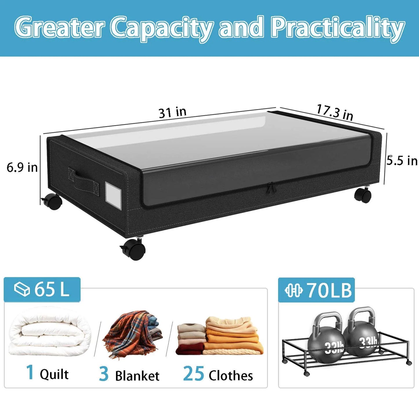 Under Bed Storage Bins With Wheels Clear Lids 2 Pack
