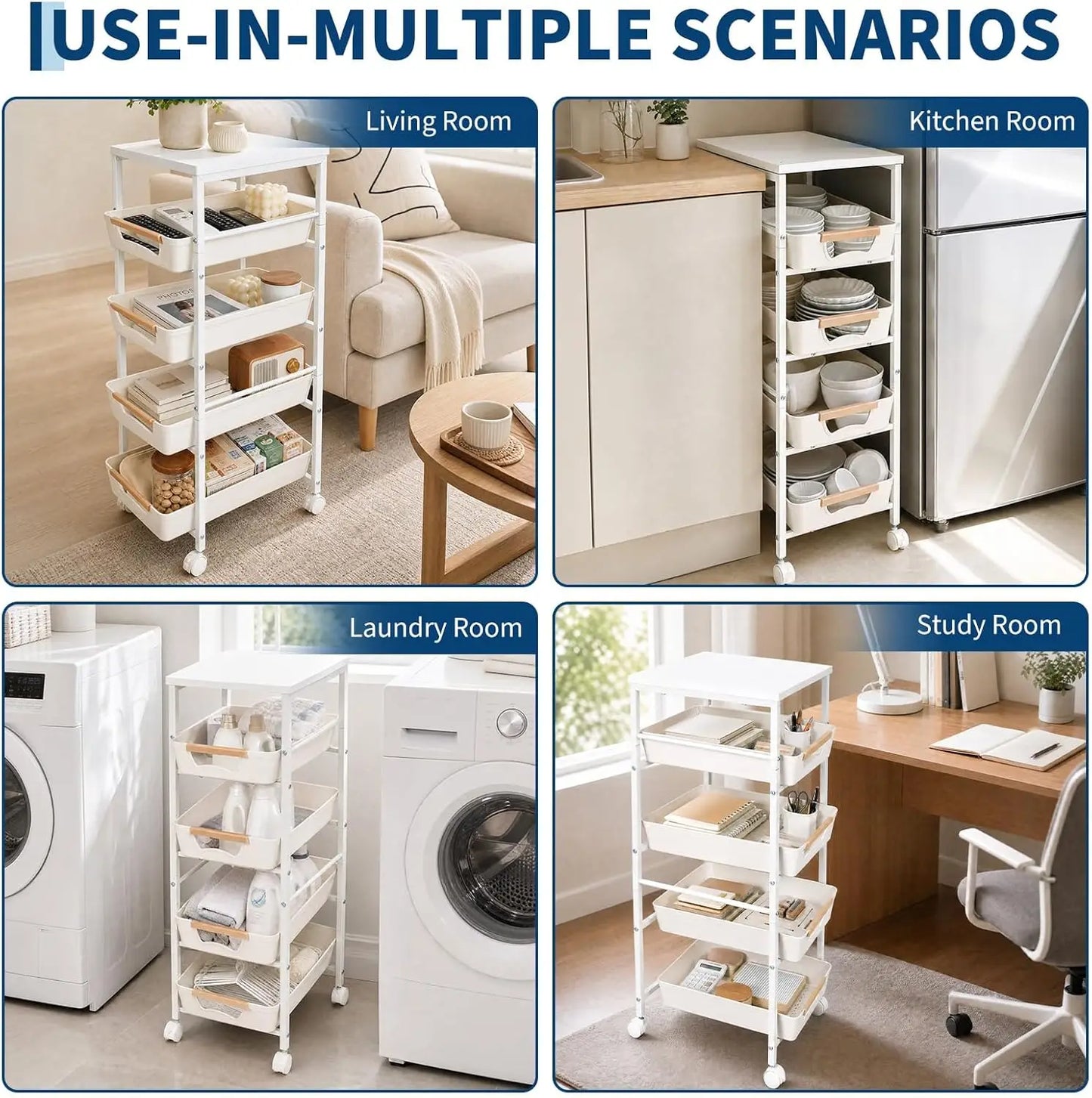 HiMISS 5 Tier Slim Rolling Storage Cart Wooden Top Organizer