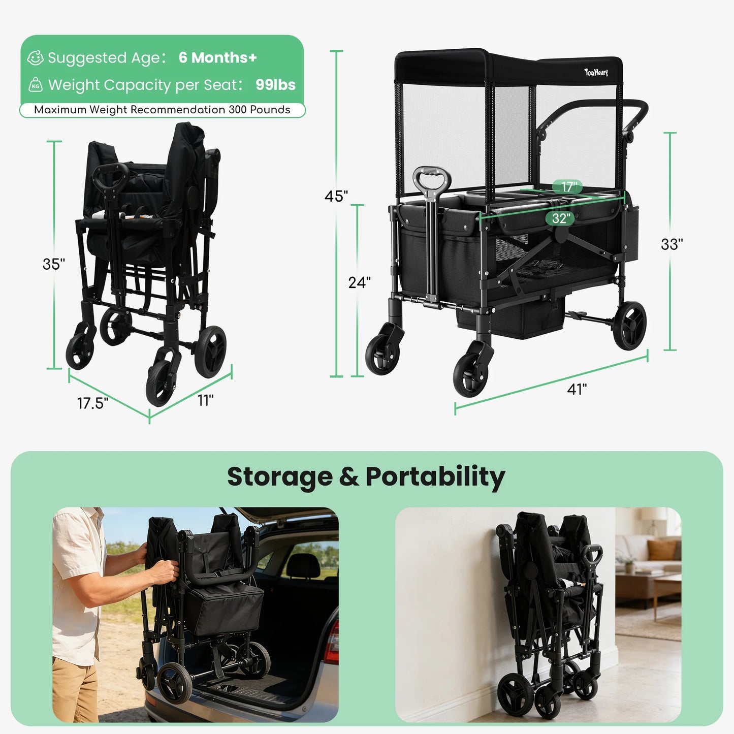 TouHeart 2 Seat Wagon Stroller All Terrain With Canopy