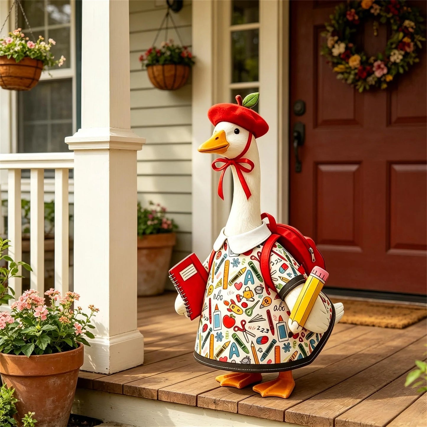 Apple Print Porch Goose School Outfit With Hat And Bag