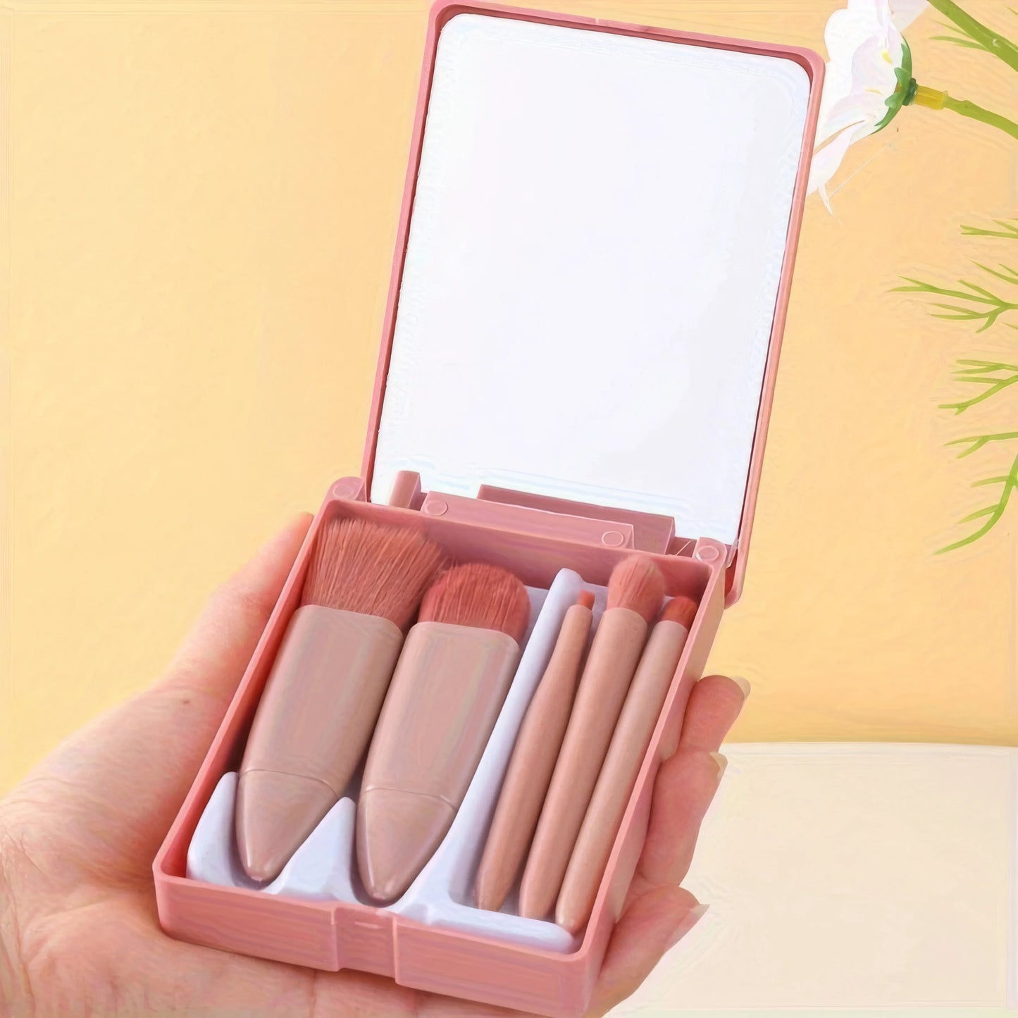 Portable 5-Piece Makeup Brush Set With Mirror And Soft Bristles