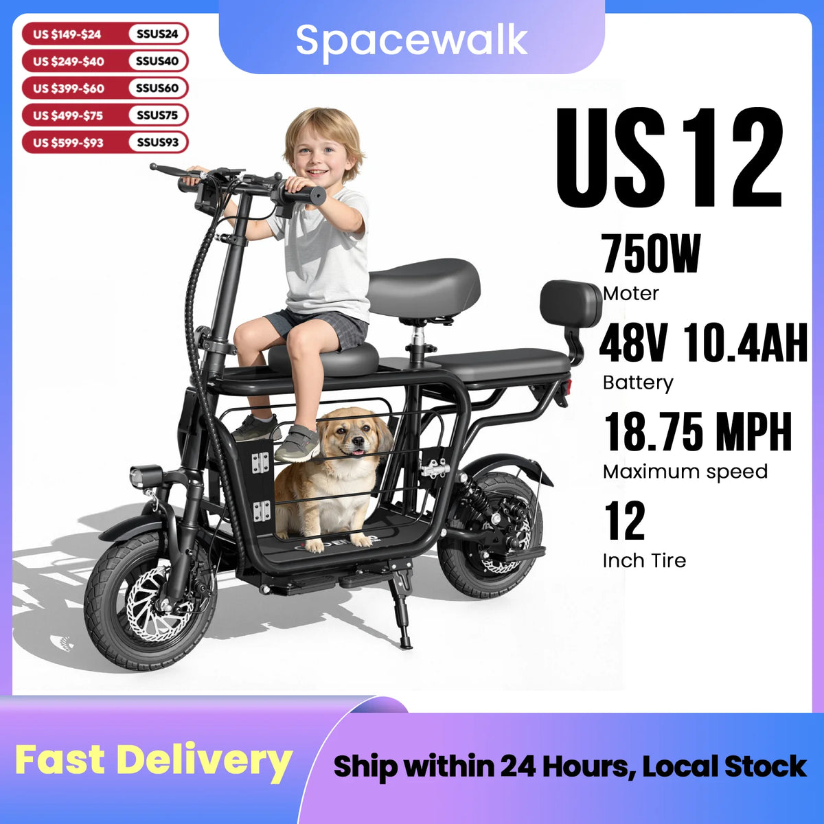 Eilleo Spacewalk Electric Scooter With Seat And Large Pet Basket