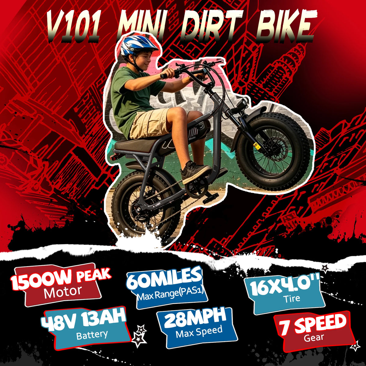 ESKUTE V101 Electric Fat Tire Dirt Bike Ebike 28 MPH