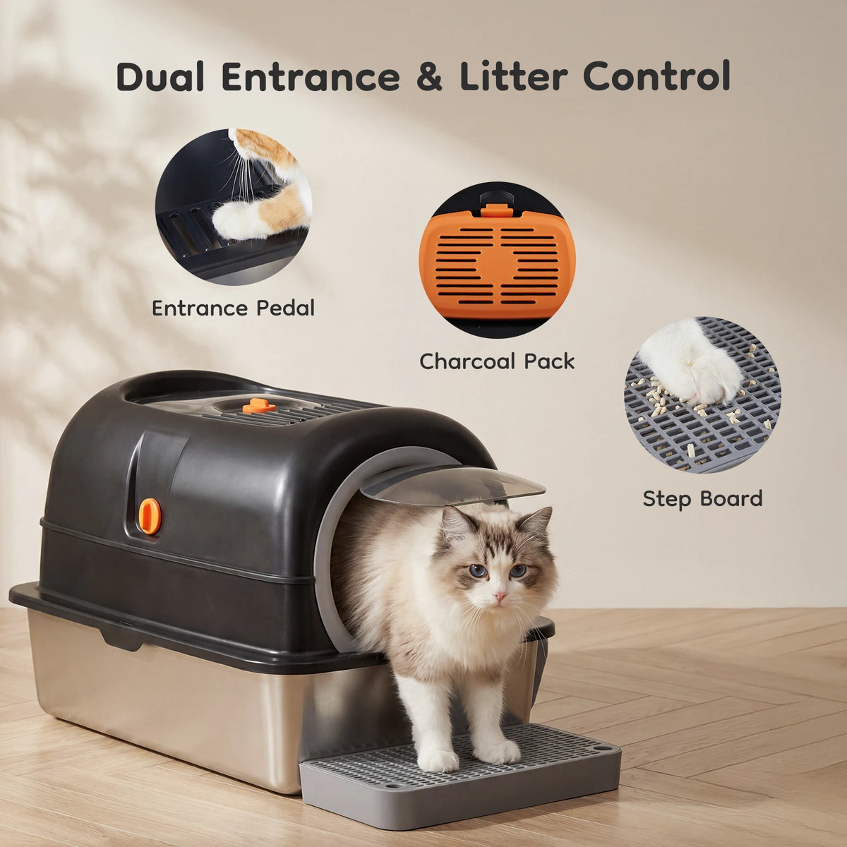 Fully Enclosed Stainless Steel Cat Litter Box With Scoop Included