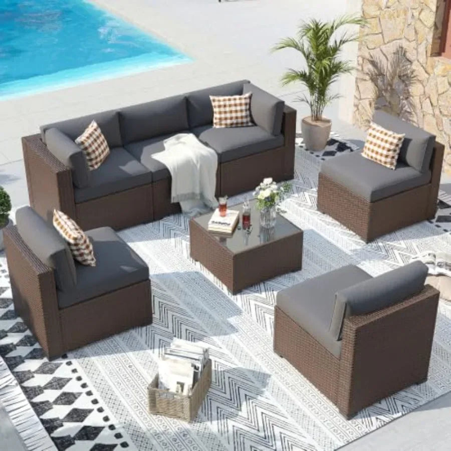 Outdoor Wicker Patio Conversation Set With Cushioned Sectional Sofa