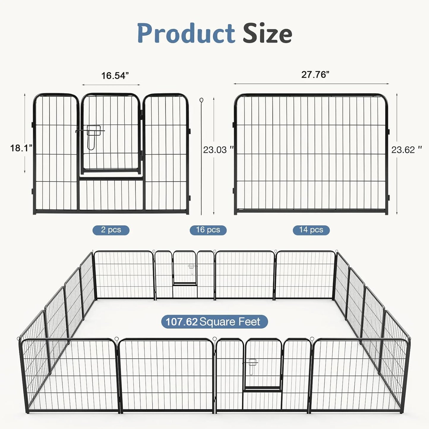 JHK 16 Panel Foldable Metal Dog Playpen Fence For Indoor And Outdoor