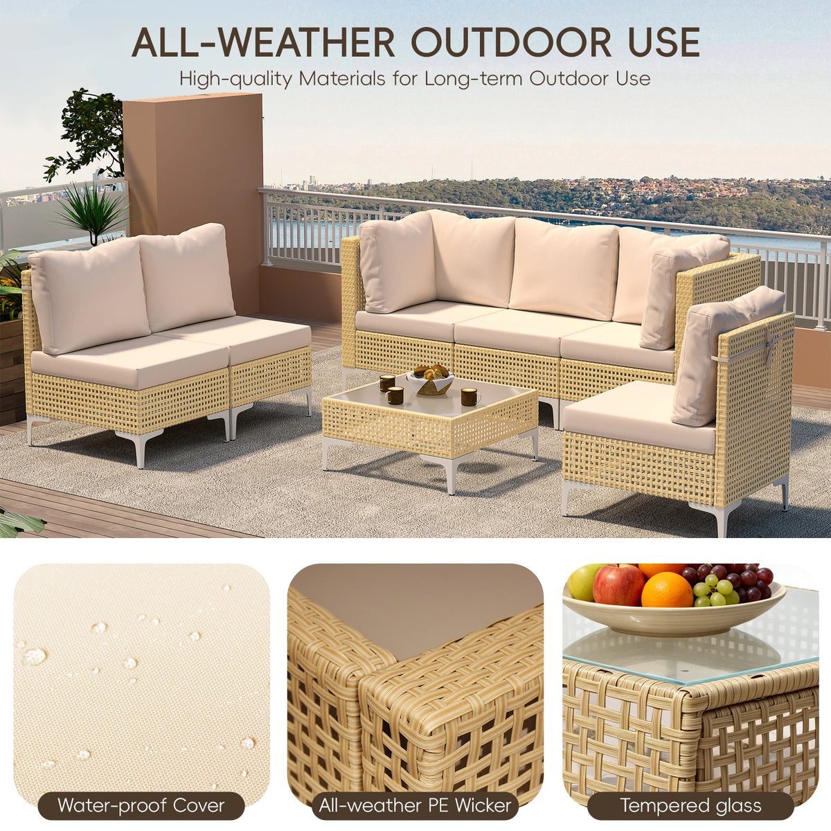 Outdoor Wicker Sectional Sofa Set With Cushions And Glass Table
