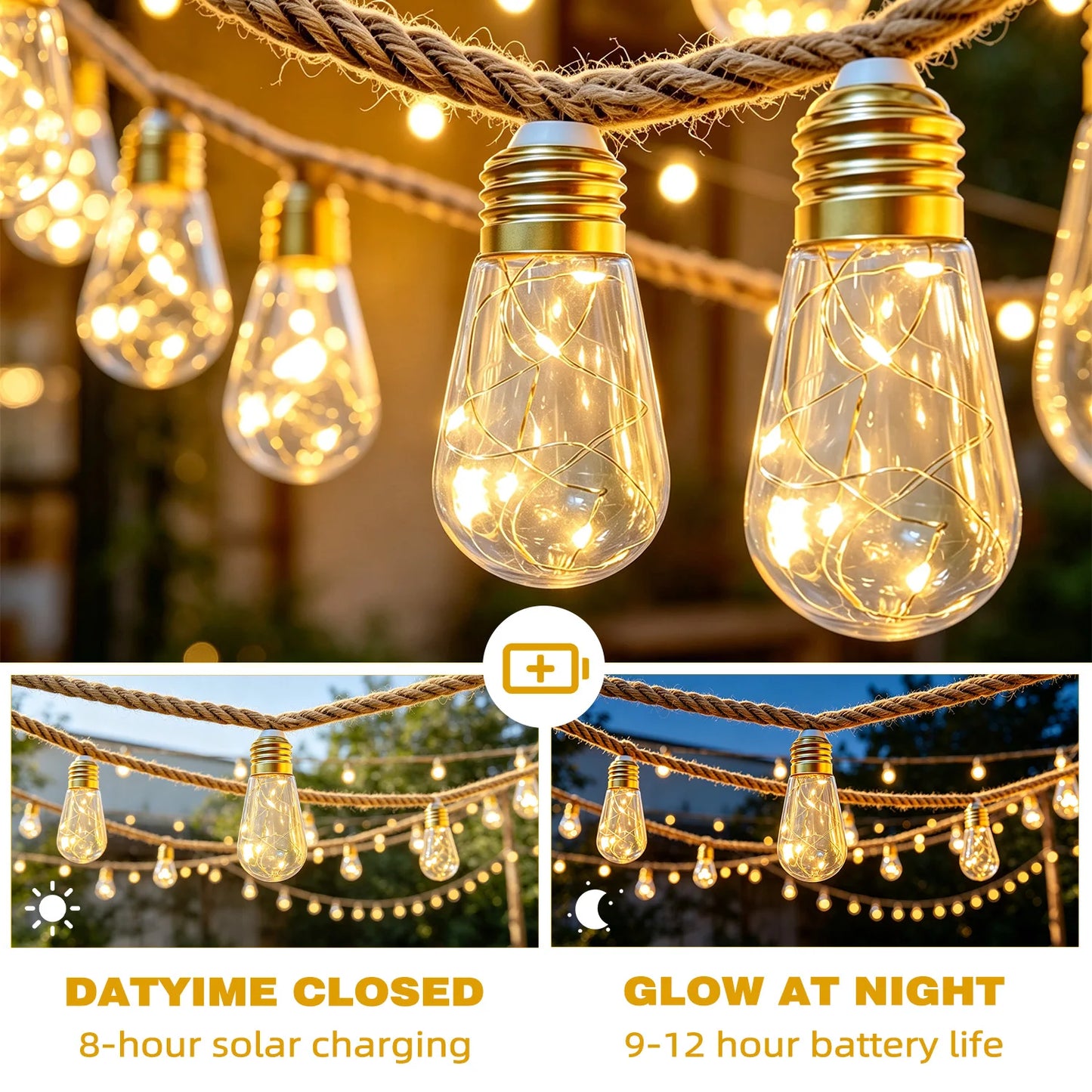 Ledoor Solar String Lights Retro Hemp Rope Outdoor Garden Decoration