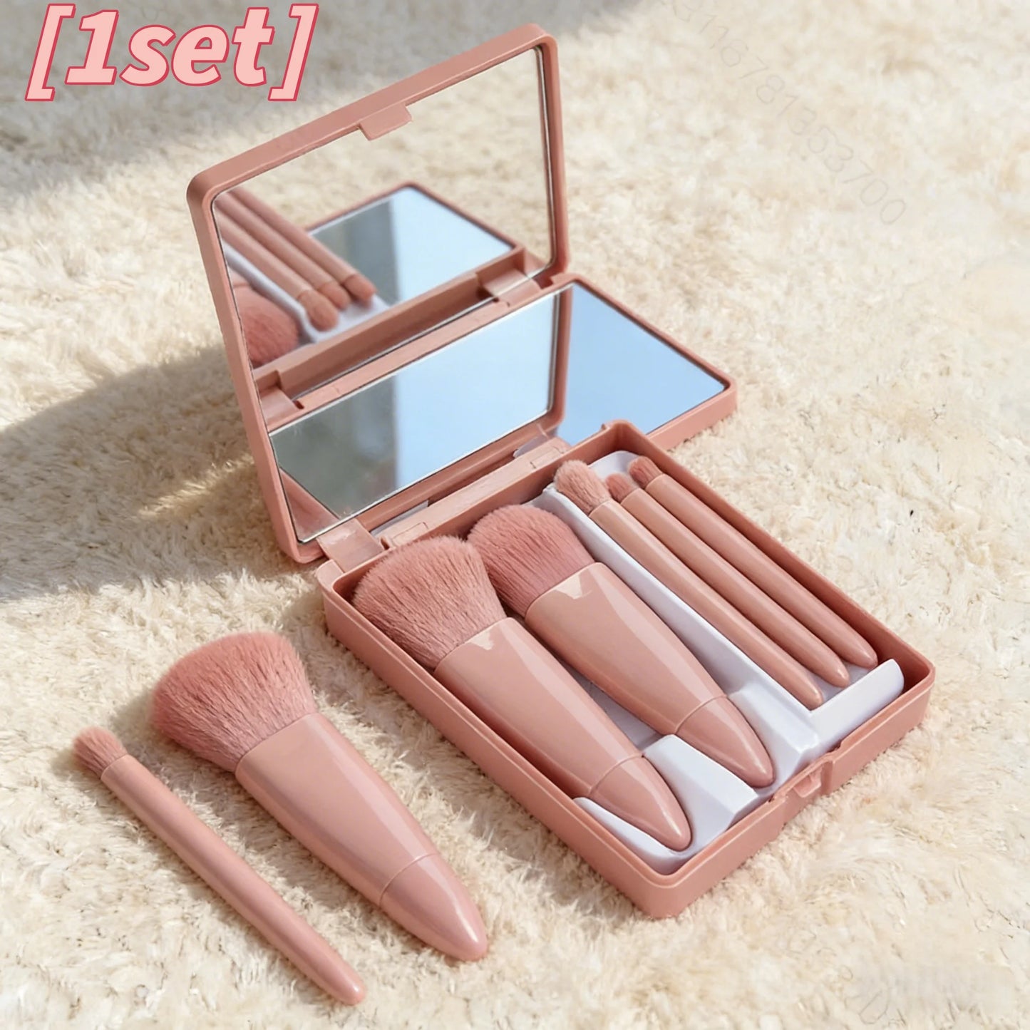 Portable 5-Piece Makeup Brush Set With Mirror And Soft Bristles