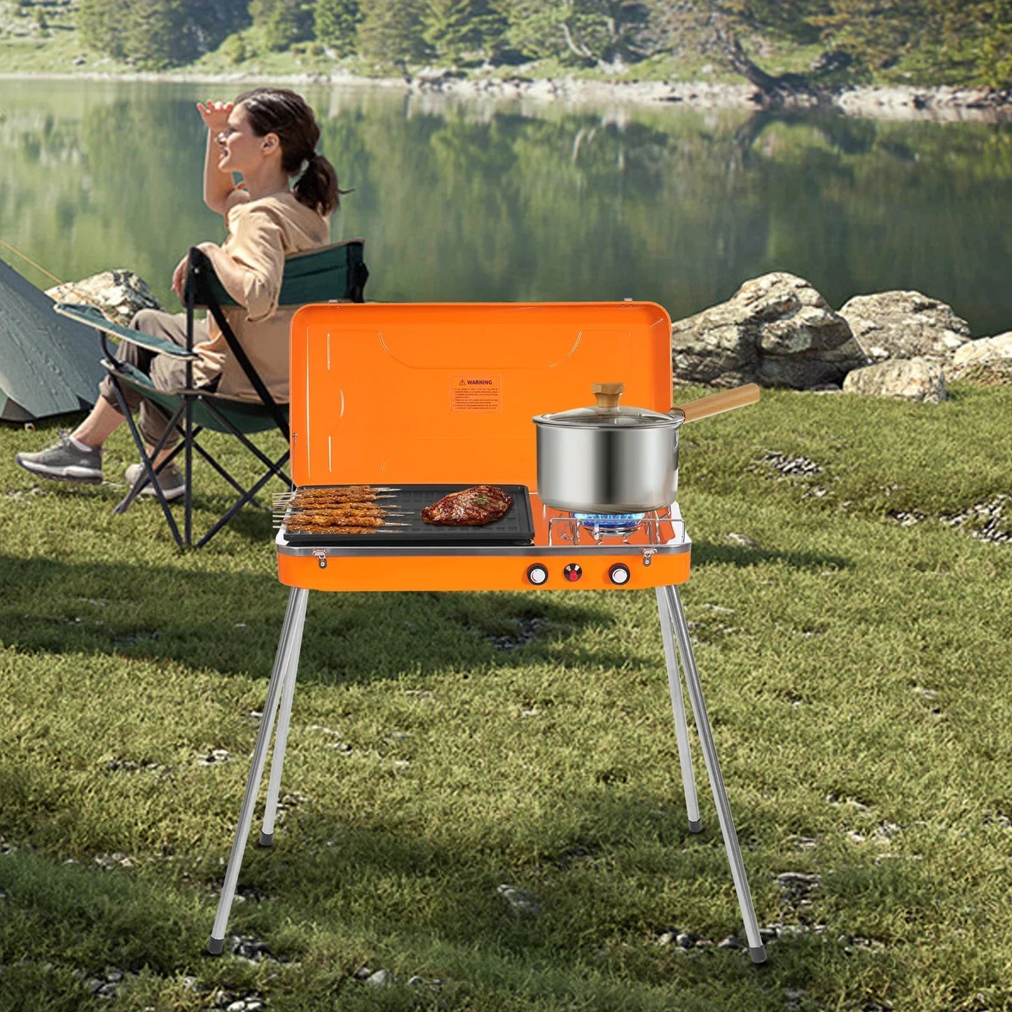 Portable Gas Camping Stove & Outdoor Grill Cooker, Compact Tabletop Design 5860BTU High Power Dual Burner for BBQ & Tailgating