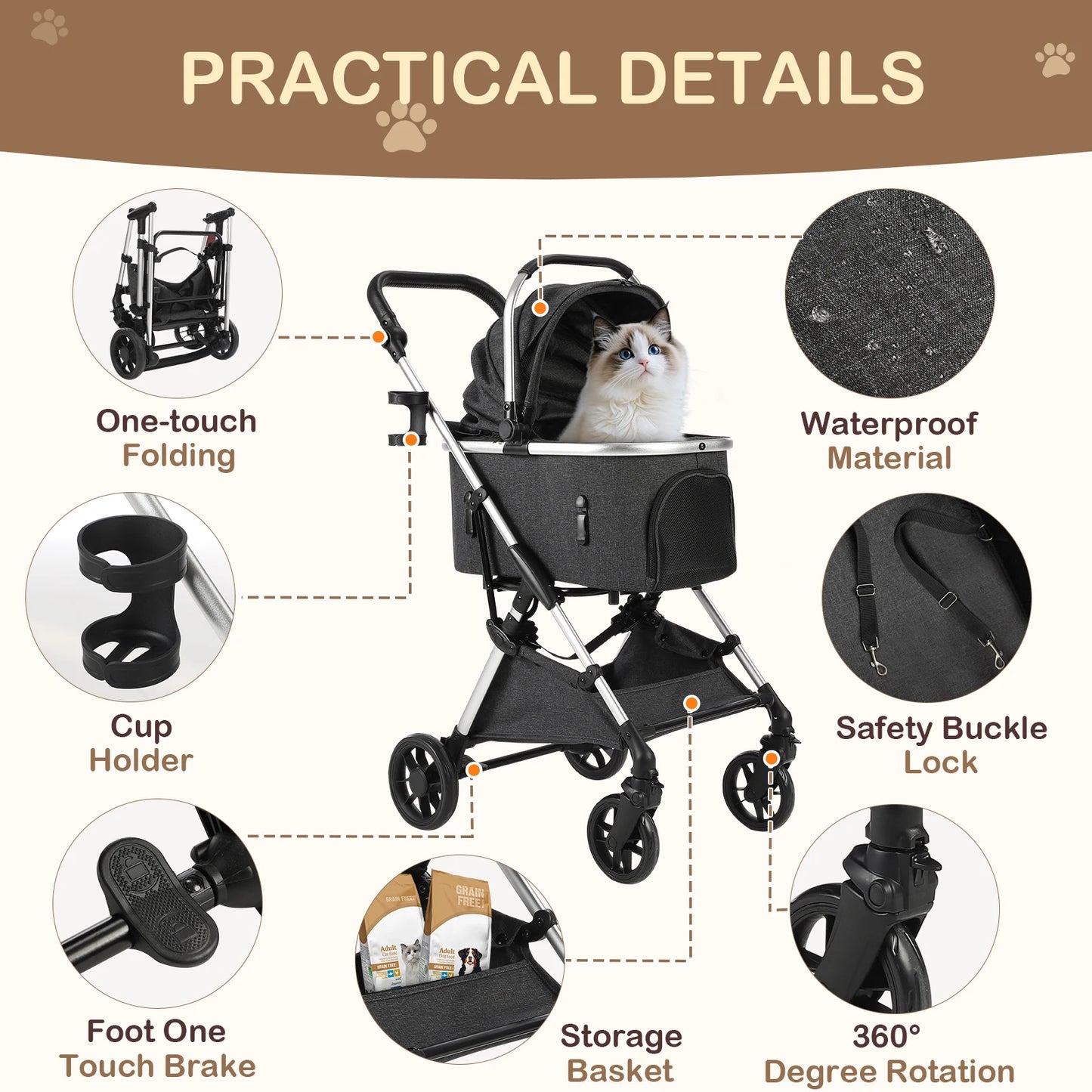 Portable Lightweight Pet Stroller For Medium Dogs With Detachable Carrier