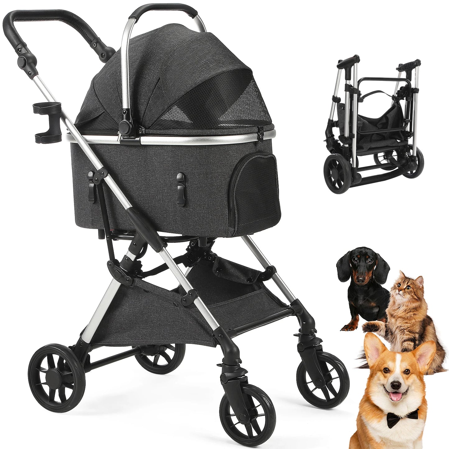 Portable Lightweight Pet Stroller For Medium Dogs With Detachable Carrier