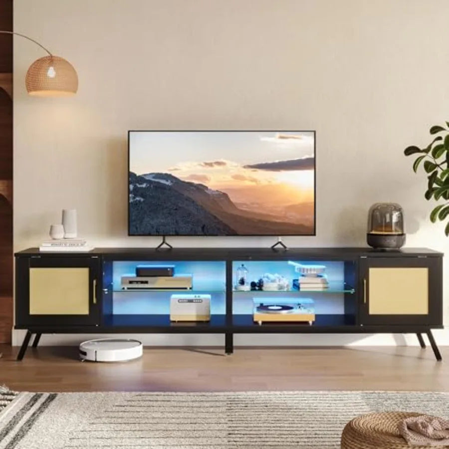 80 Inch Black Rattan TV Stand with Storage for 85 Inch TV, 4-in-1 Mid Century Modern Entertainment Center with LED Lights, Door