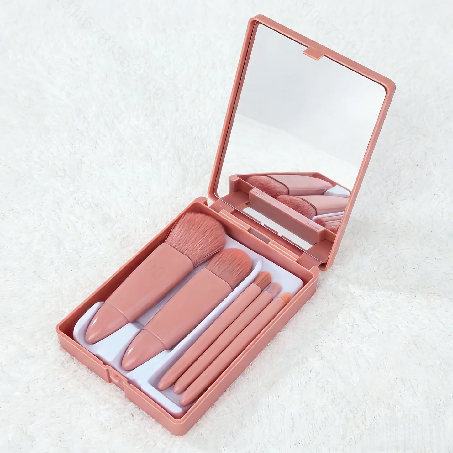 Portable 5-Piece Makeup Brush Set With Mirror And Soft Bristles