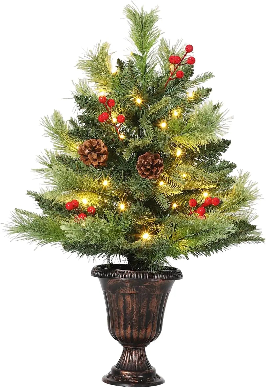2FT Mini Tabletop Christmas Tree with 40 Warm LED Lights, Pine Cone & Red Berry – Artificial Pre-Lit Xmas Tree for Home Office Indoor Outdoor Decor