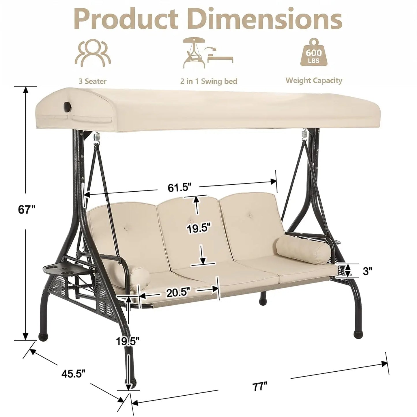 Porch Swing With Stand And Adjustable Canopy For Outdoor Patio