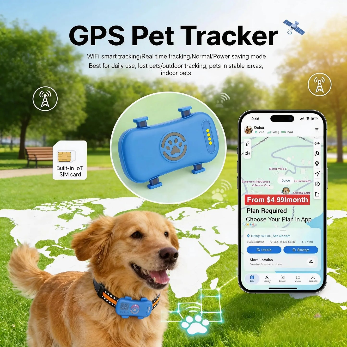 WANWAYTECH GPS Pet Tracker 4G Dogs Cats Real Time Tracking