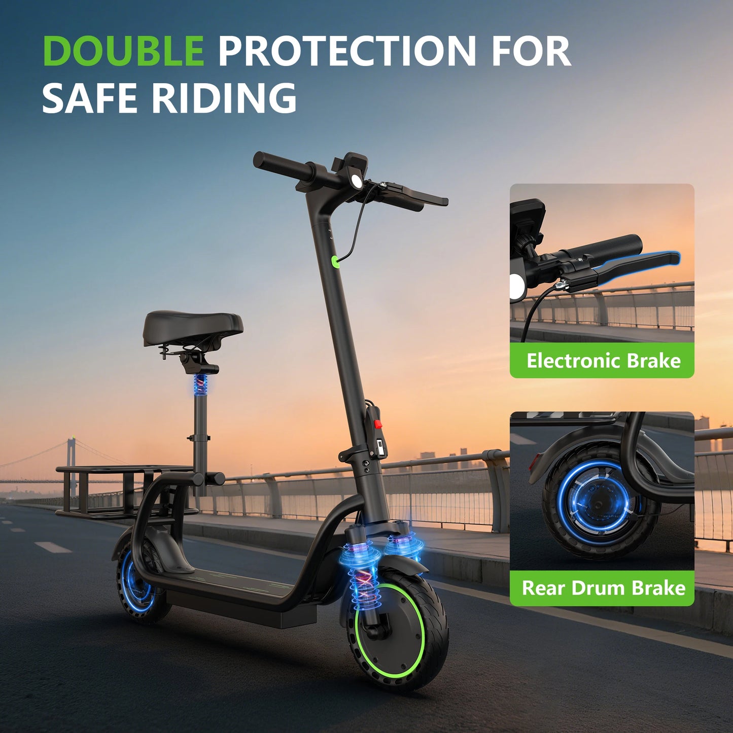 AOVOPRO Maxshot Electric Scooter With Seat And Basket Top Speed 19MPH