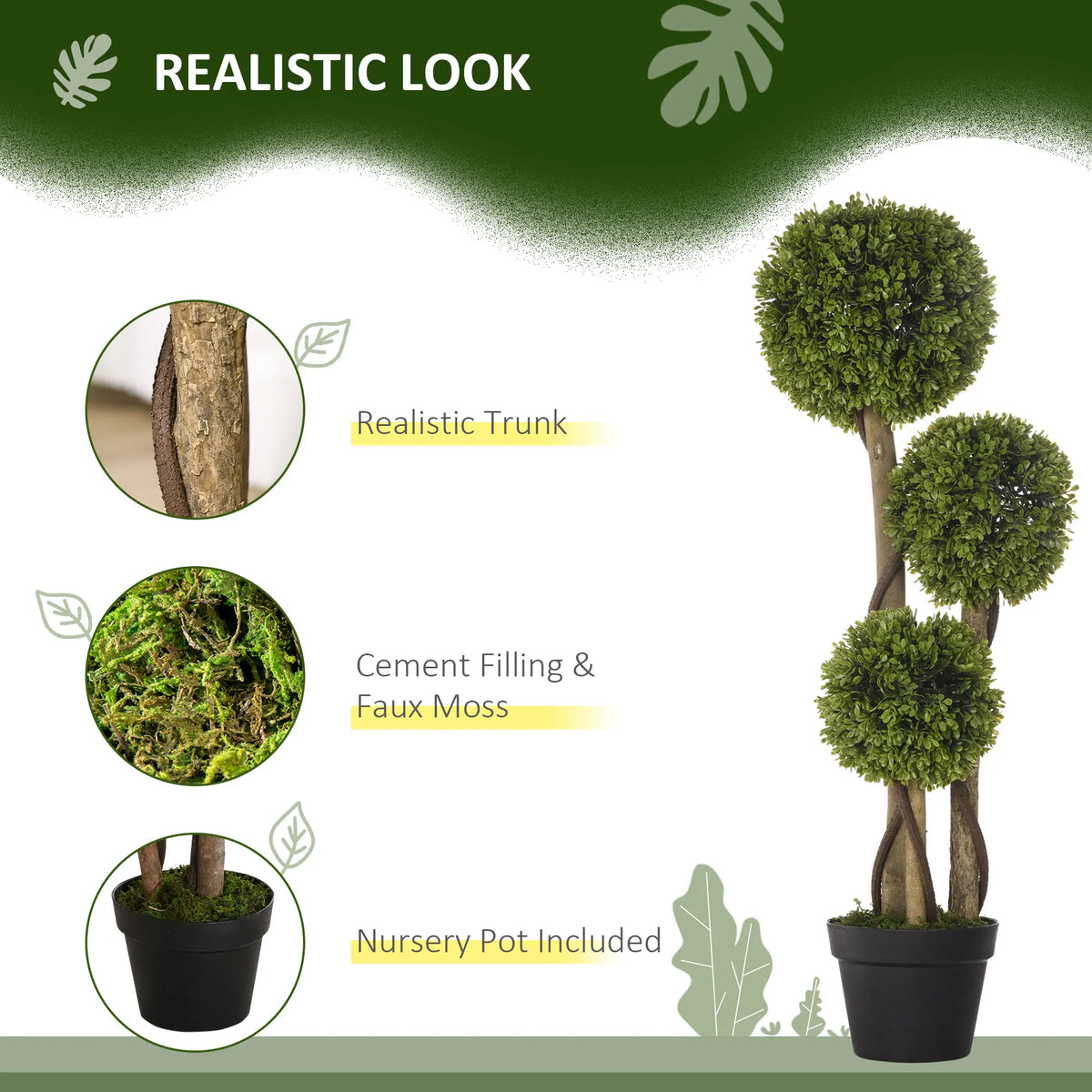 HOMCOM Artificial Plant for Home Decor Indoor & Outdoor Fake Plants Artificial Tree in Pot, 3 Ball Boxwood Topiary Tree for Home Office, Living Room Decor, Light Green