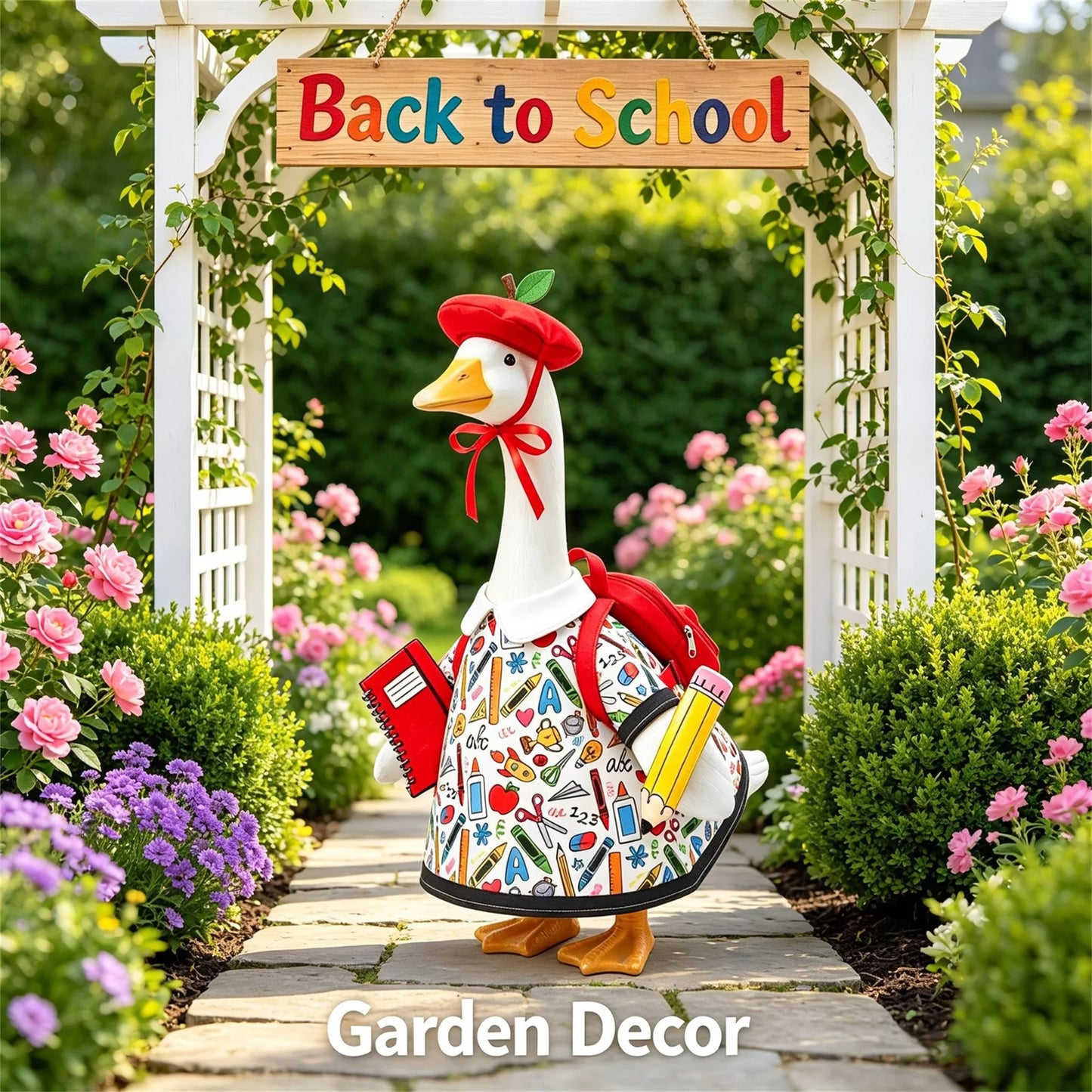 Apple Print Porch Goose School Outfit With Hat And Bag