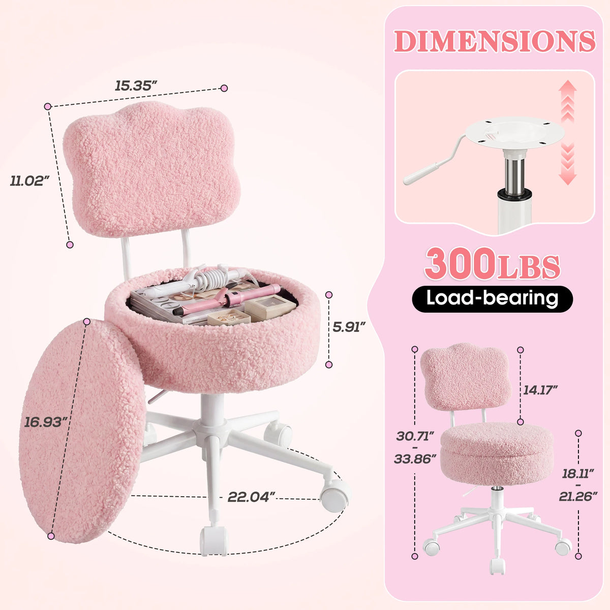 Modern Teddy Fleece Vanity Chair Including Storage And Height Adjustability