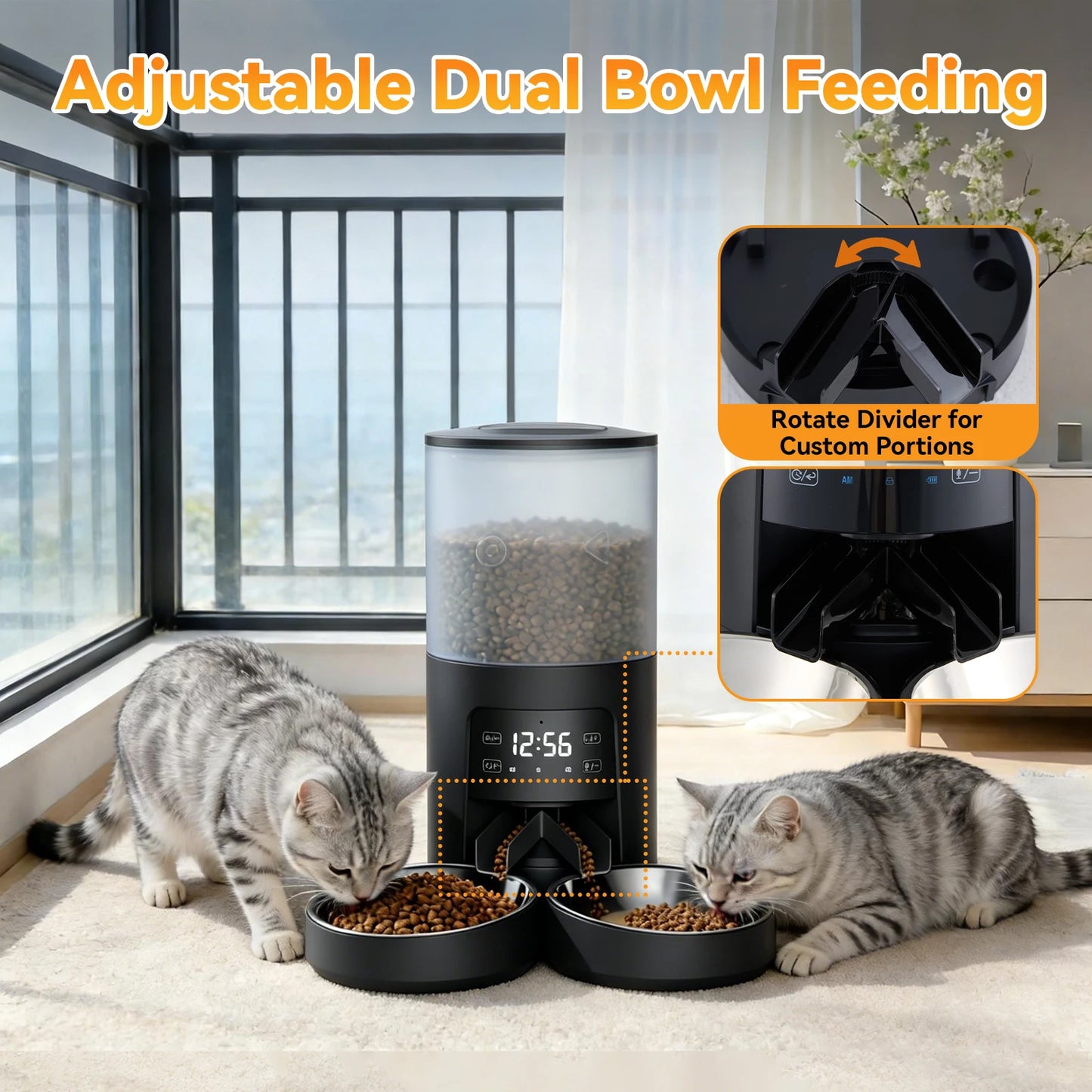 Automatic Pet Feeder With Stainless Steel Bowls And Timer