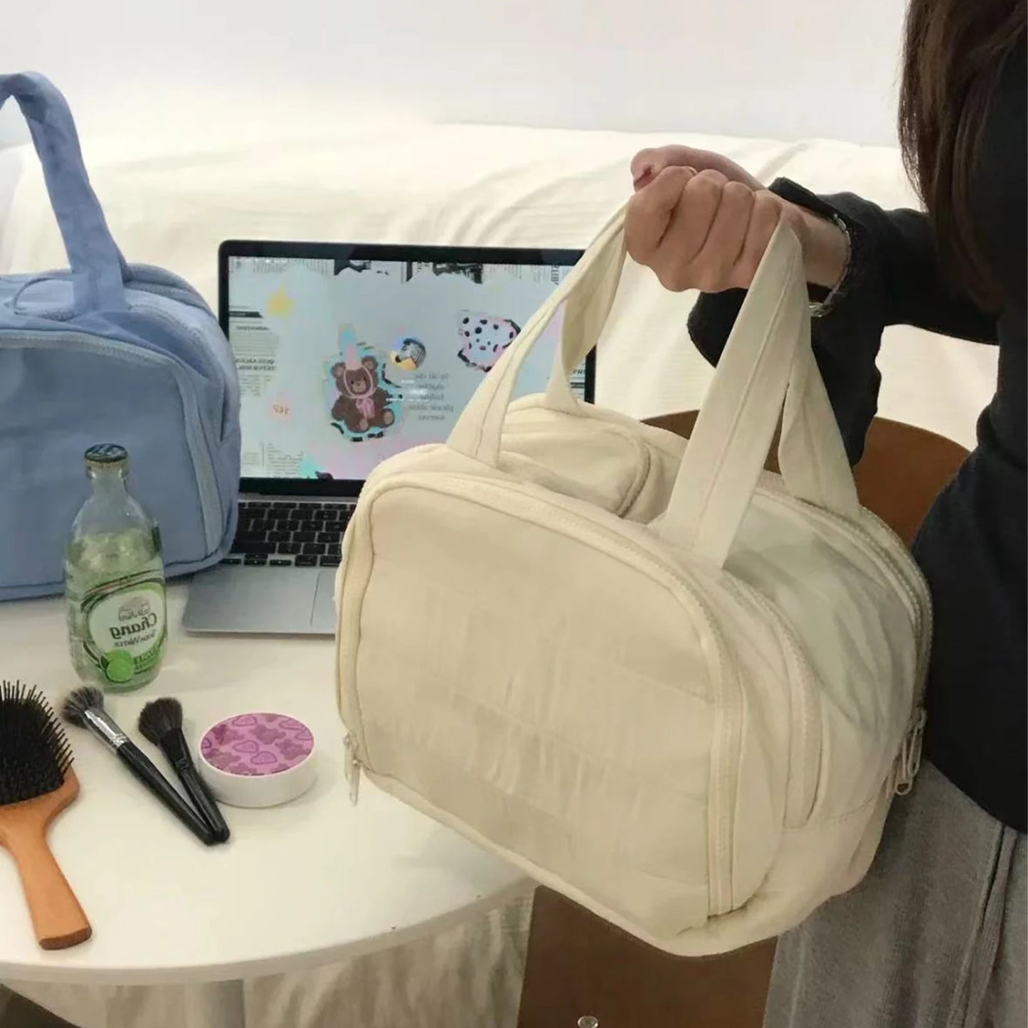 Multi Compartment Polyester Cosmetic Bag For Travel And Home Use