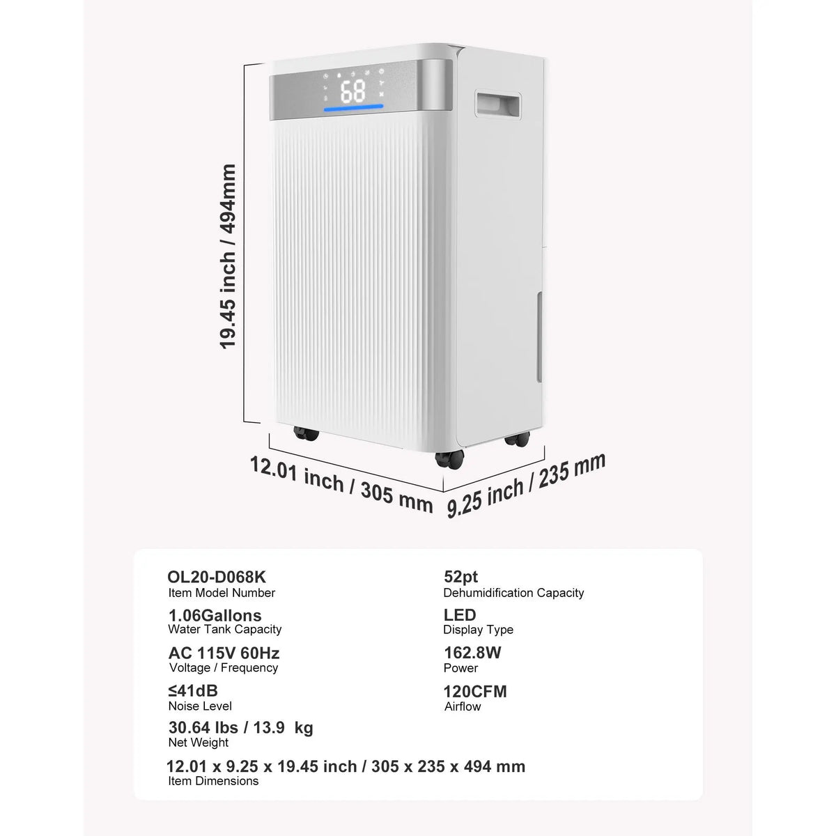 52 Pints Dehumidifier for Home & Basement, Drain Hose for Commercial & Industrial Use, Smart Humidity Control, Low Noise for Large Rooms, Warehouses, Bedrooms & Storage, Large Coverage,White