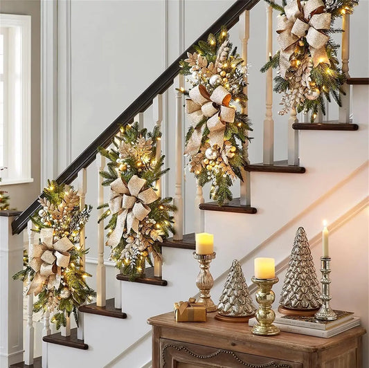 4 PCS Artificial Christmas Teardrop Swags with Lights Norfolk 24 Inch Xmas Door Stairs Swag Outdoor Teardrop Wreath for Front Door Window Mirror Decor with Pinecone Berries Holly