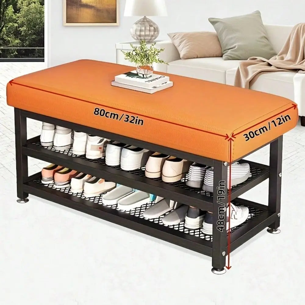 Storage Bench With Cushioned Seat And Metal Frame Shoe Organizer