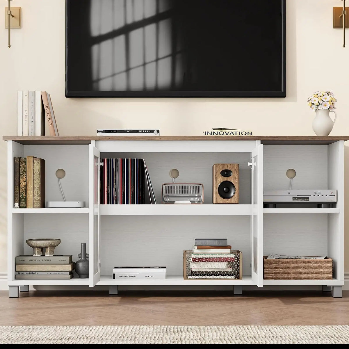 Garvee Tv Cabinet for 65Inch Living Room Tv Stand Wooden Furniture Home with Storage Cabinets sturdy Wood Construction, Fits Living Room Bedroom, Easy Assembly,Versatile Media Console