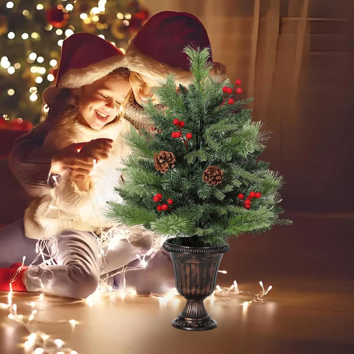 2FT Mini Tabletop Christmas Tree with 40 Warm LED Lights, Pine Cone & Red Berry – Artificial Pre-Lit Xmas Tree for Home Office Indoor Outdoor Decor