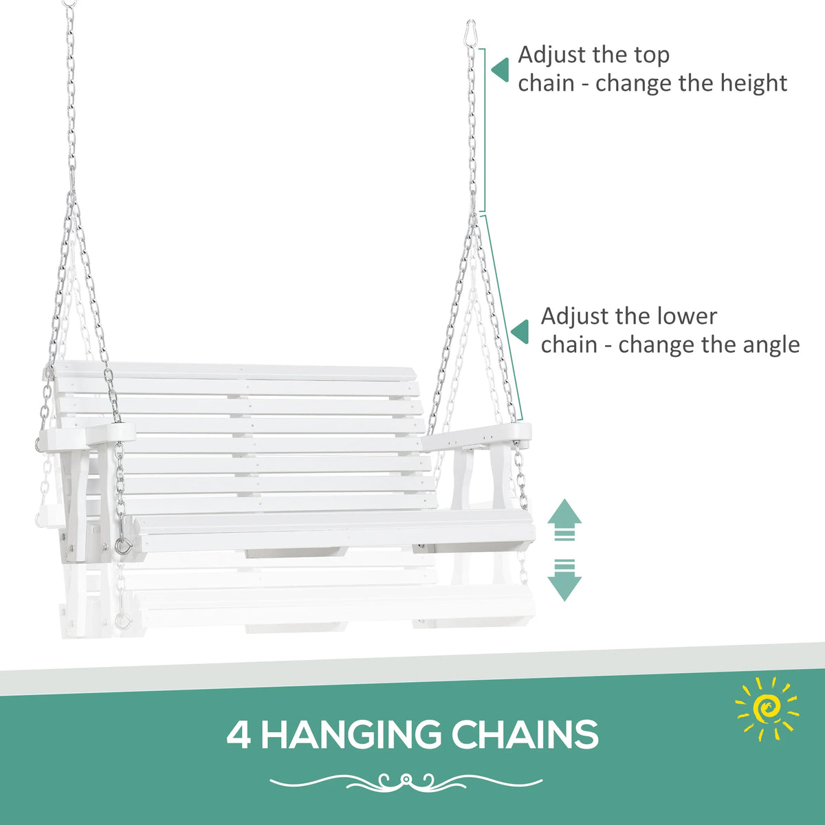 2-Person Wood Patio Swing, Hanging Patio Bench, with Cup Holder Armrests, White