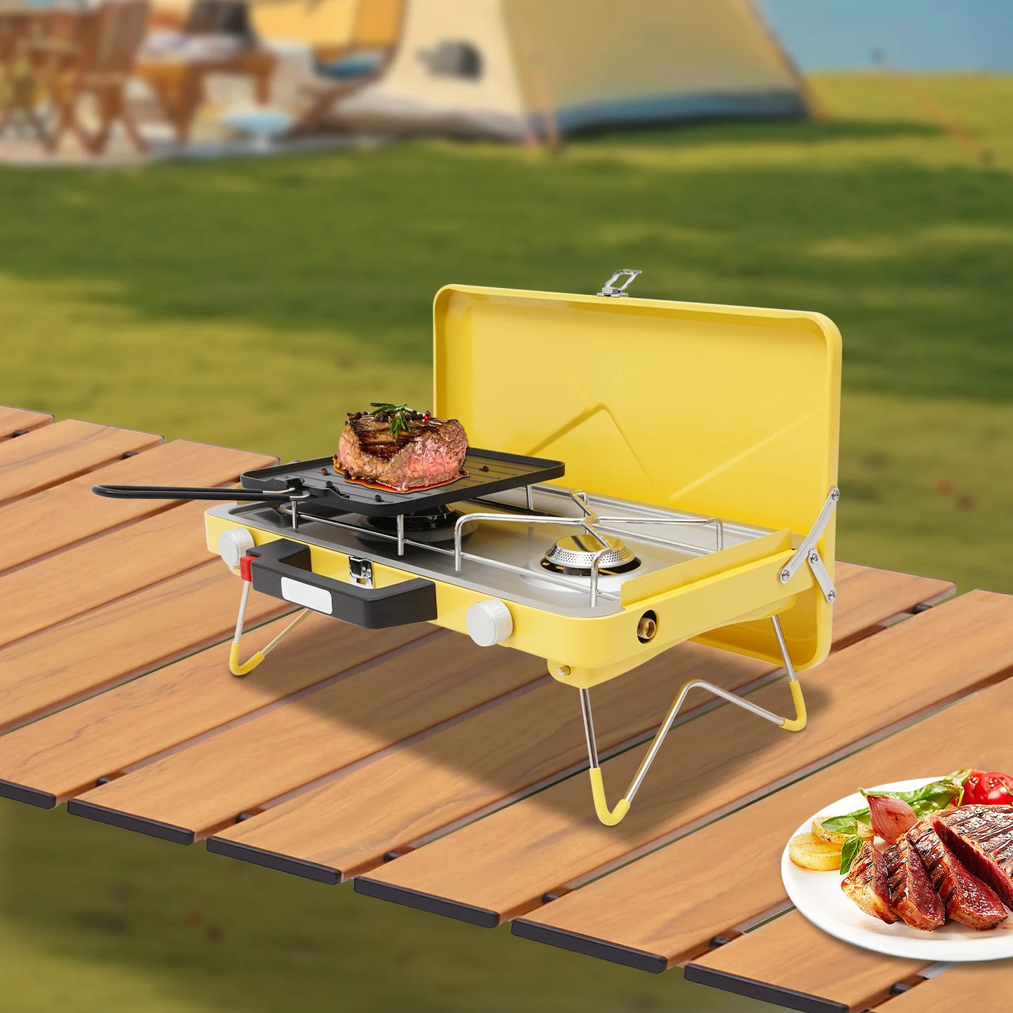 Portable Outdoor Gas Stove Two-Burner 3500W With Windshield For Camping