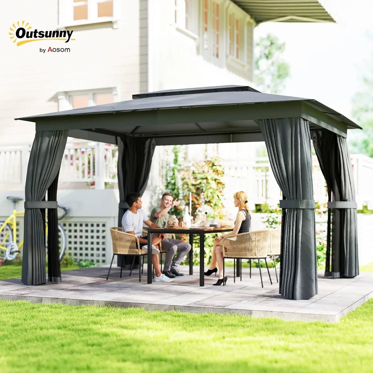 Outdoor Gazebo With Double Roof Curtains Netting Alloy Steel Frame