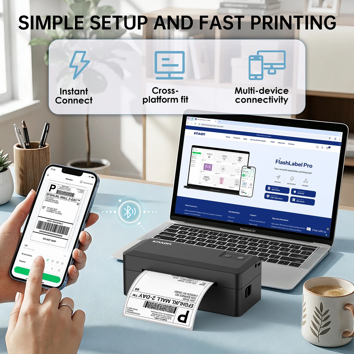 Knaon Thermal Label Printer Bluetooth For iPhone Android Windows Mac