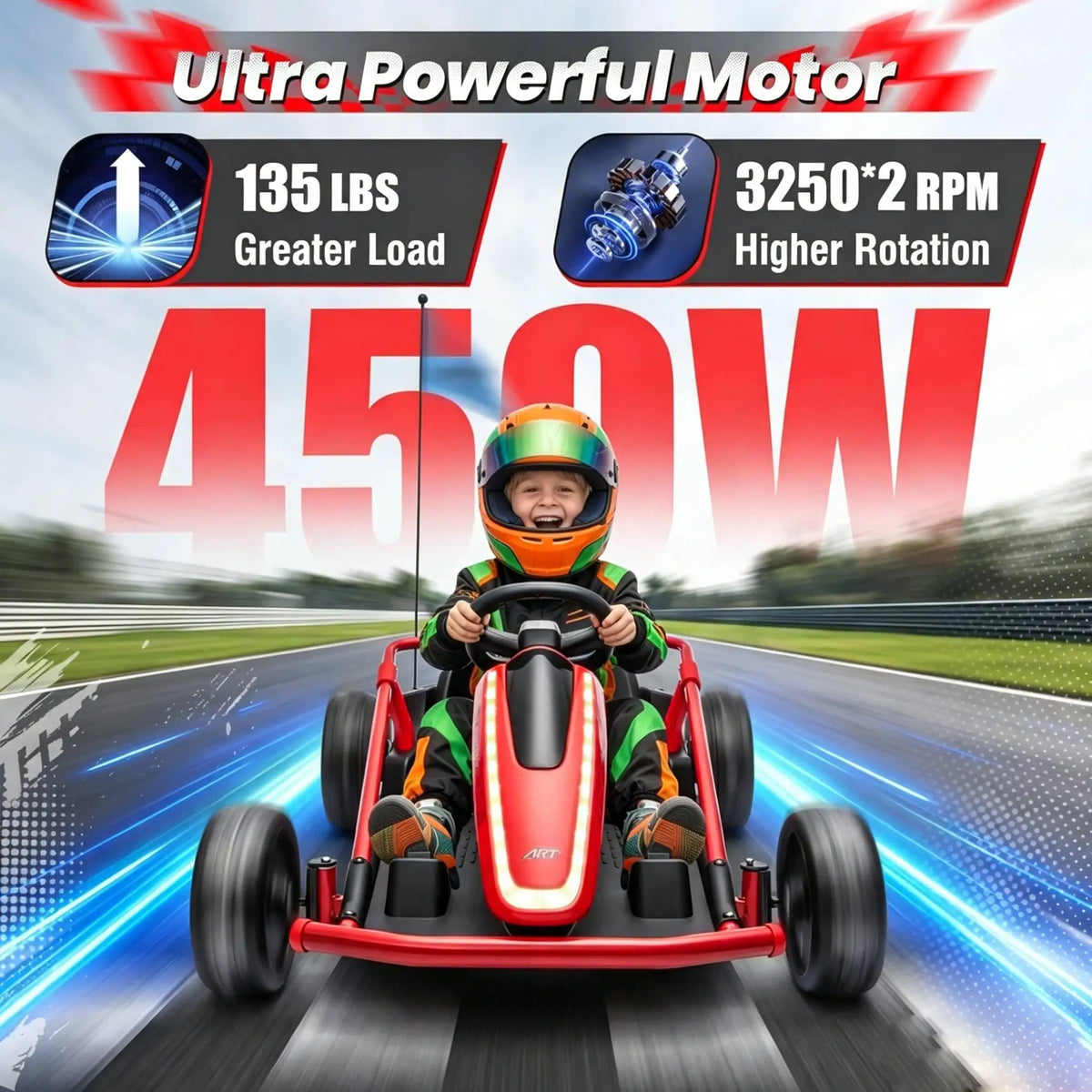 24V Kids Electric Go Kart Dual Motor Ride On Car with Remote Control, 5-10MPH 3 Speed Drift Kart for Kids, Bluetooth Music LED Lights, Max Load 135Lbs Outdoor Ride On Toy Vehicle Gift