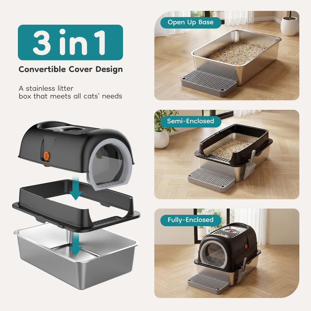 Fully Enclosed Stainless Steel Cat Litter Box With Scoop Included